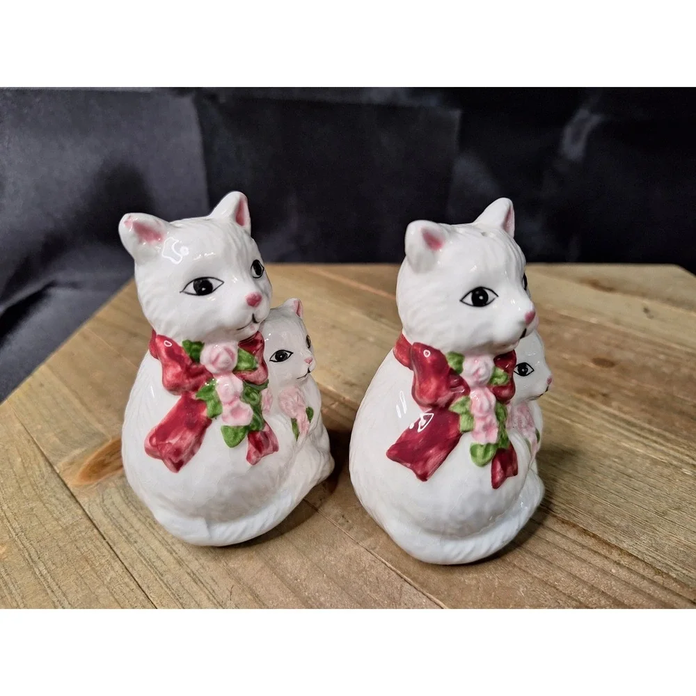 Vintage White Ceramic Cat and Kitten Salt and Pepper Shaker Set Red Bow Floral